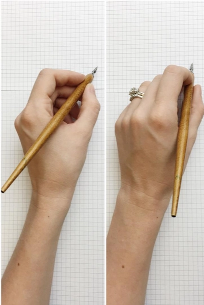 Two side-by-side photos of a left hand holding a pointed calligraphy pen over grid paper. Left: a lateral tripod grip, the pen lying low and flat across the hand. Right: a steeper, more upright grip with the hand arched over the top, as an FPS gamer would hold a high-sensitivity mouse.