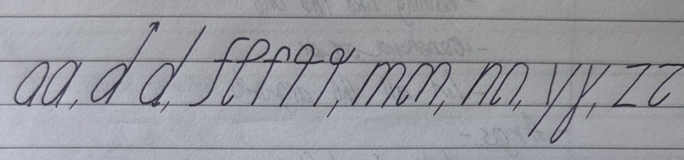 Handwritten LeftScripts letterforms in dark blue pen on lined paper, showing paired variants of a, d, f, g, m, n, y and z with a pronounced rightward slant.