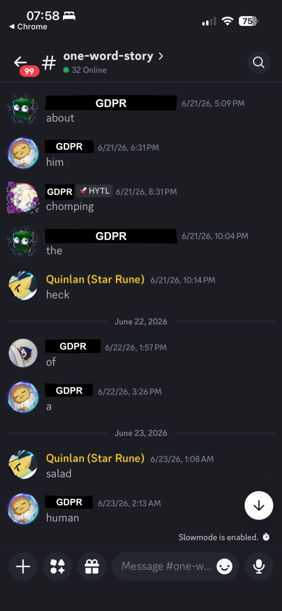 Mobile Discord screenshot of a #one-word-story channel where each member adds a single word in turn — consecutive posts read 'about', 'him', 'chomping', 'the', 'heck', 'of', 'a', 'salad', 'human'. The display names are blacked out with bars labelled 'GDPR', except Quinlan (Star Rune), who is credited above.