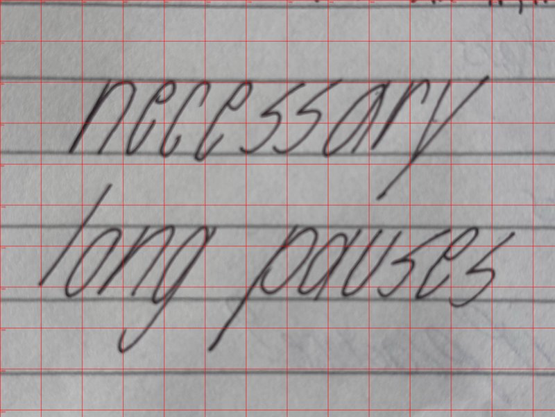 Close-up of a trial participant's handwriting on ruled paper, overlaid with a red measurement grid: the words 'necessary' and 'long pauses' written in a slanted script.